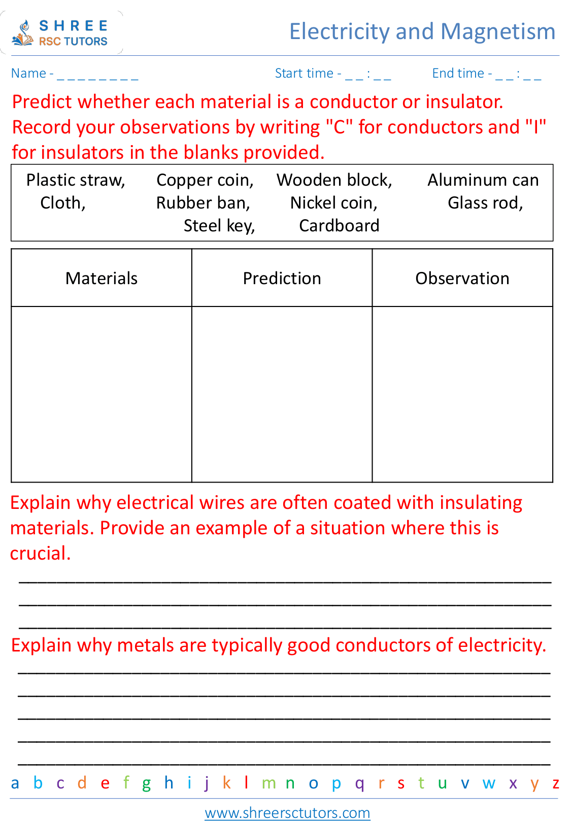 Conductors and insulators worksheets for Grade 7 Science shree rsc tutors